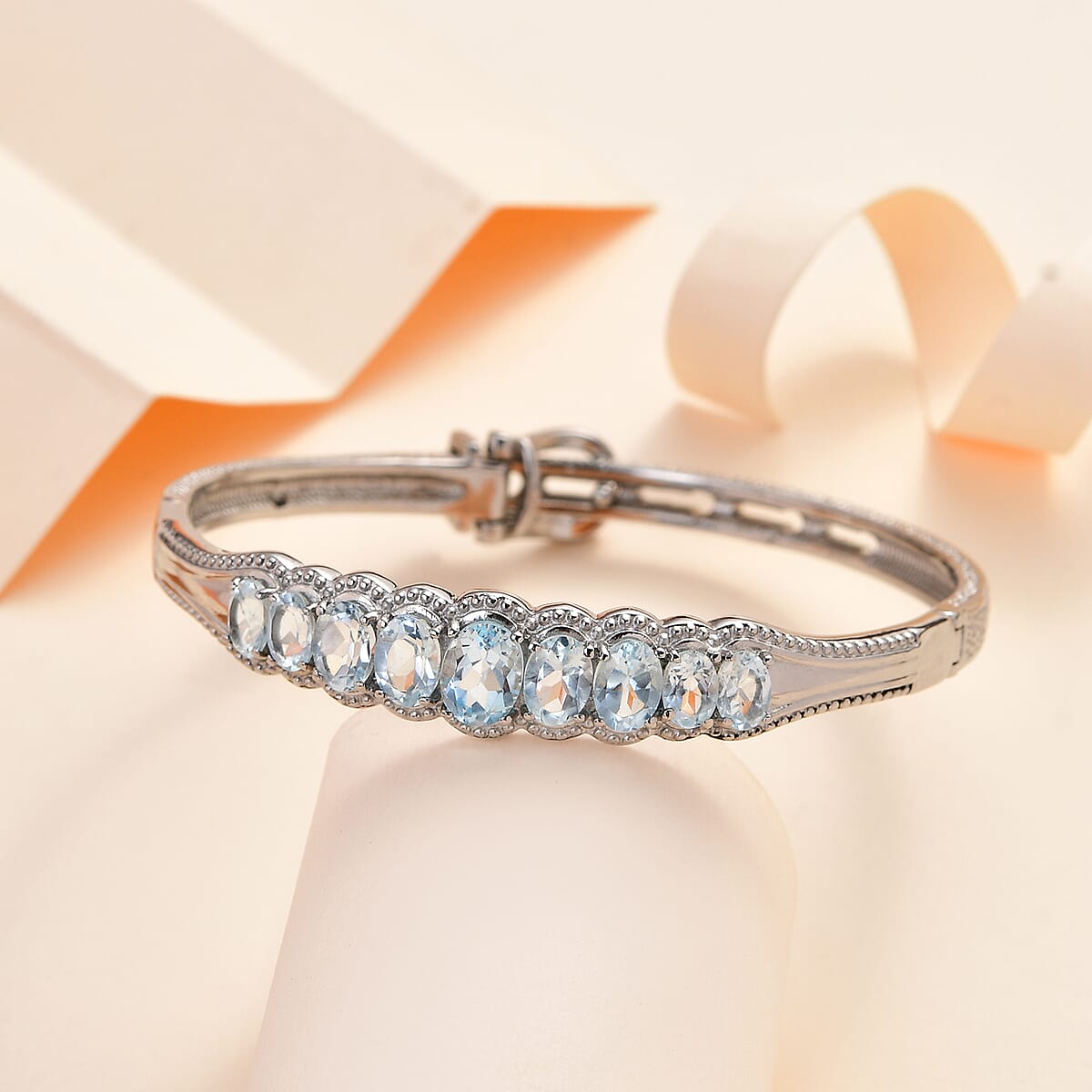Sky Blue Topaz Bangle Bracelet With Adjustable Lock in Stainless Steel (7.25 In) 6.65 ctw image number 1