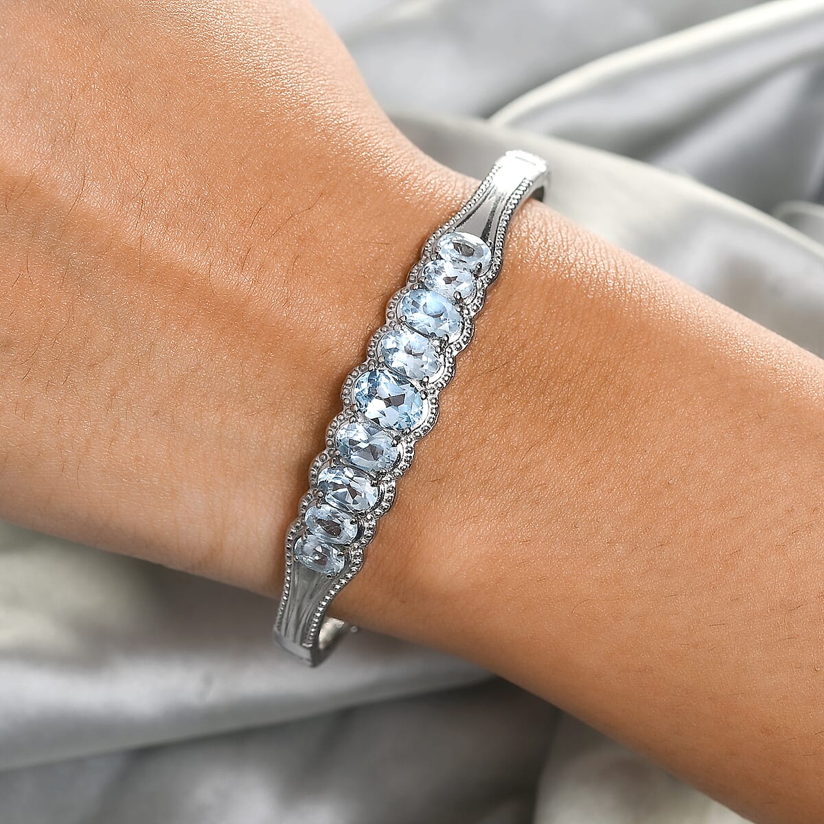 Sky Blue Topaz Bangle Bracelet With Adjustable Lock in Stainless Steel (7.25 In) 6.65 ctw image number 2