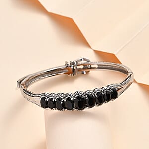 Thai Black Spinel Bangle Bracelet With Adjustable Lock in Stainless Steel (7.25 In) 6.65 ctw