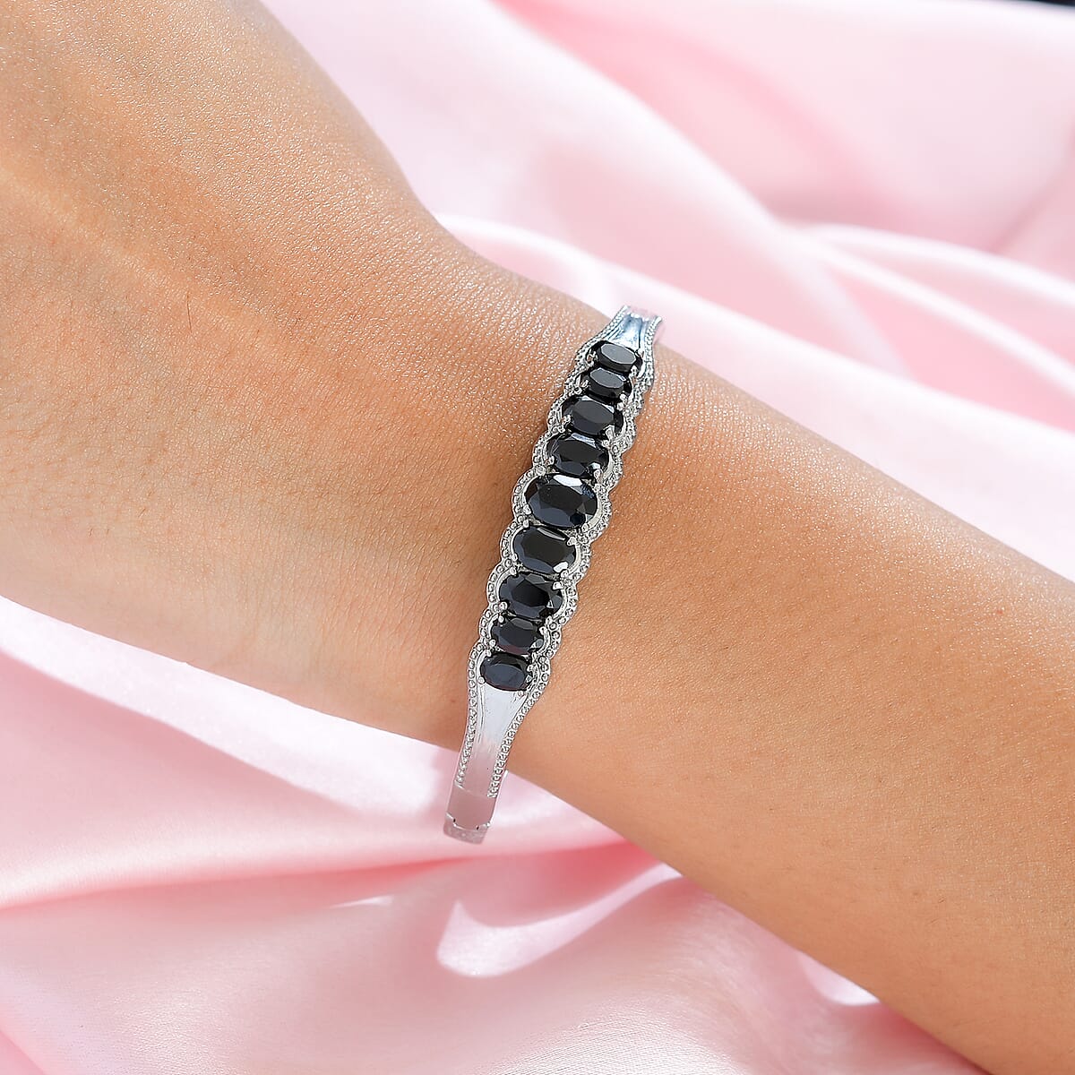 Thai Black Spinel Bangle Bracelet With Adjustable Lock in Stainless Steel (7.25 In) 6.65 ctw image number 2