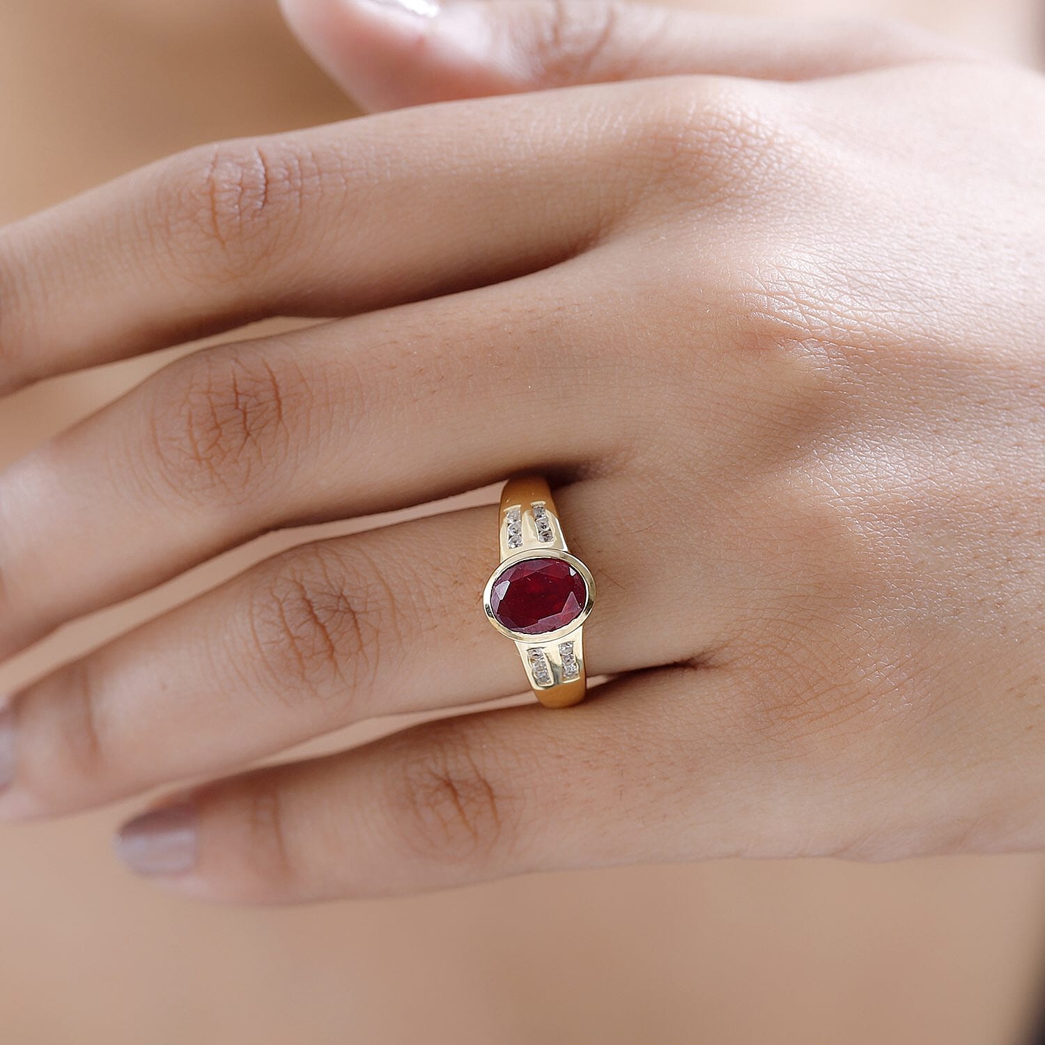 African Ruby and White Zircon 2.70 ctw Ring in 14K YG Over Sterling Silver (Size 10.0)