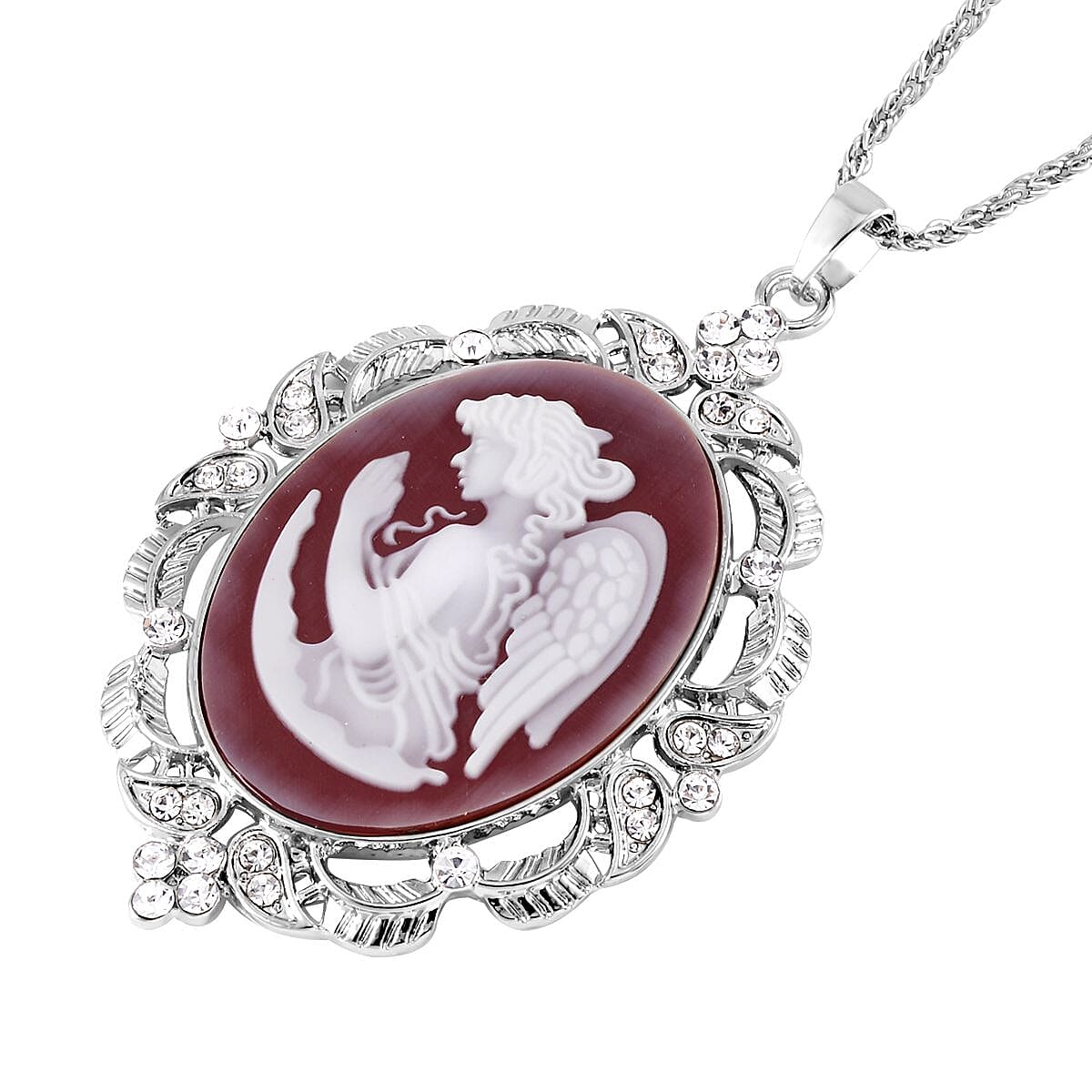 Red Cameo and Austrian Crystal Pendant Necklace 20-22 Inches in Silvertone 6.00 ctw image number 2