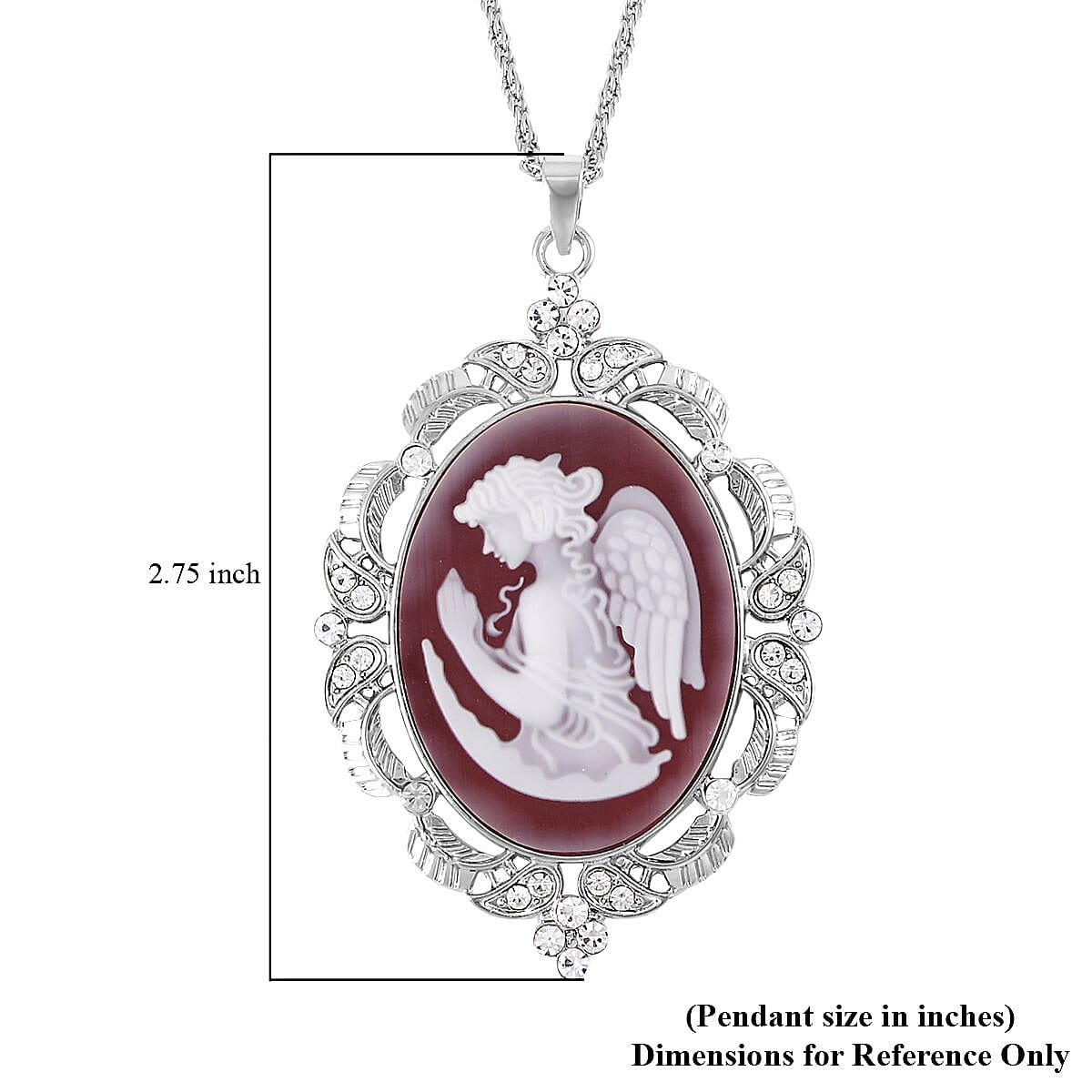 Red Cameo and Austrian Crystal Pendant Necklace 20-22 Inches in Silvertone 6.00 ctw image number 4