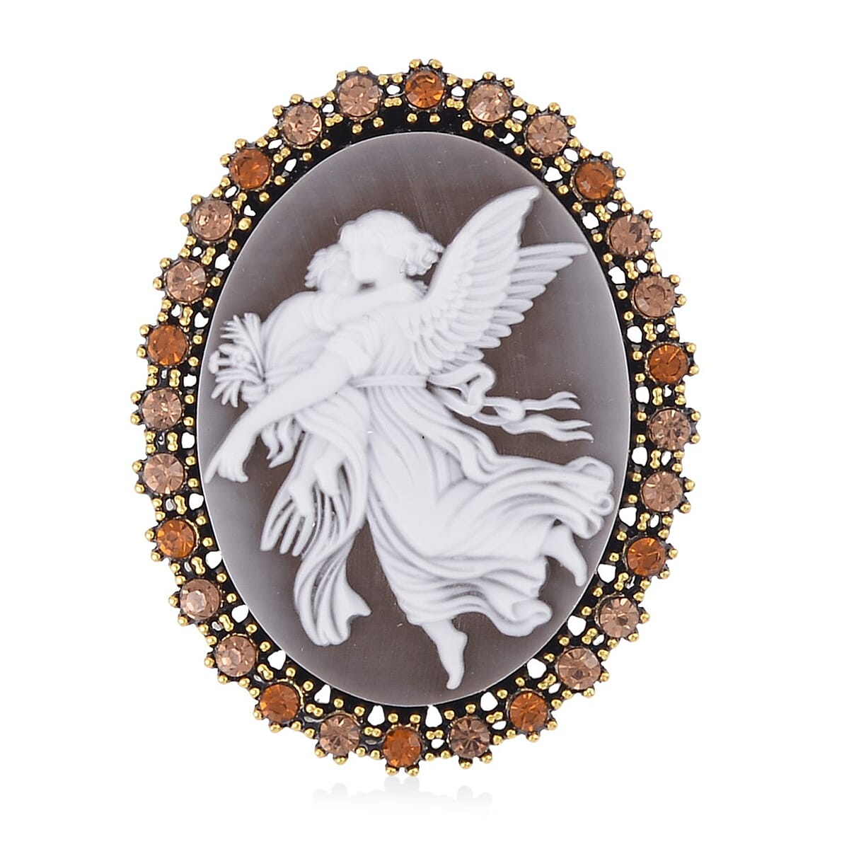 Brown Cameo, Champagne and Brown Austrian Crystal Brooch in Goldtone 8.00 ctw image number 0