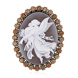 Brown Cameo, Champagne and Brown Austrian Crystal Brooch in Goldtone 8.00 ctw