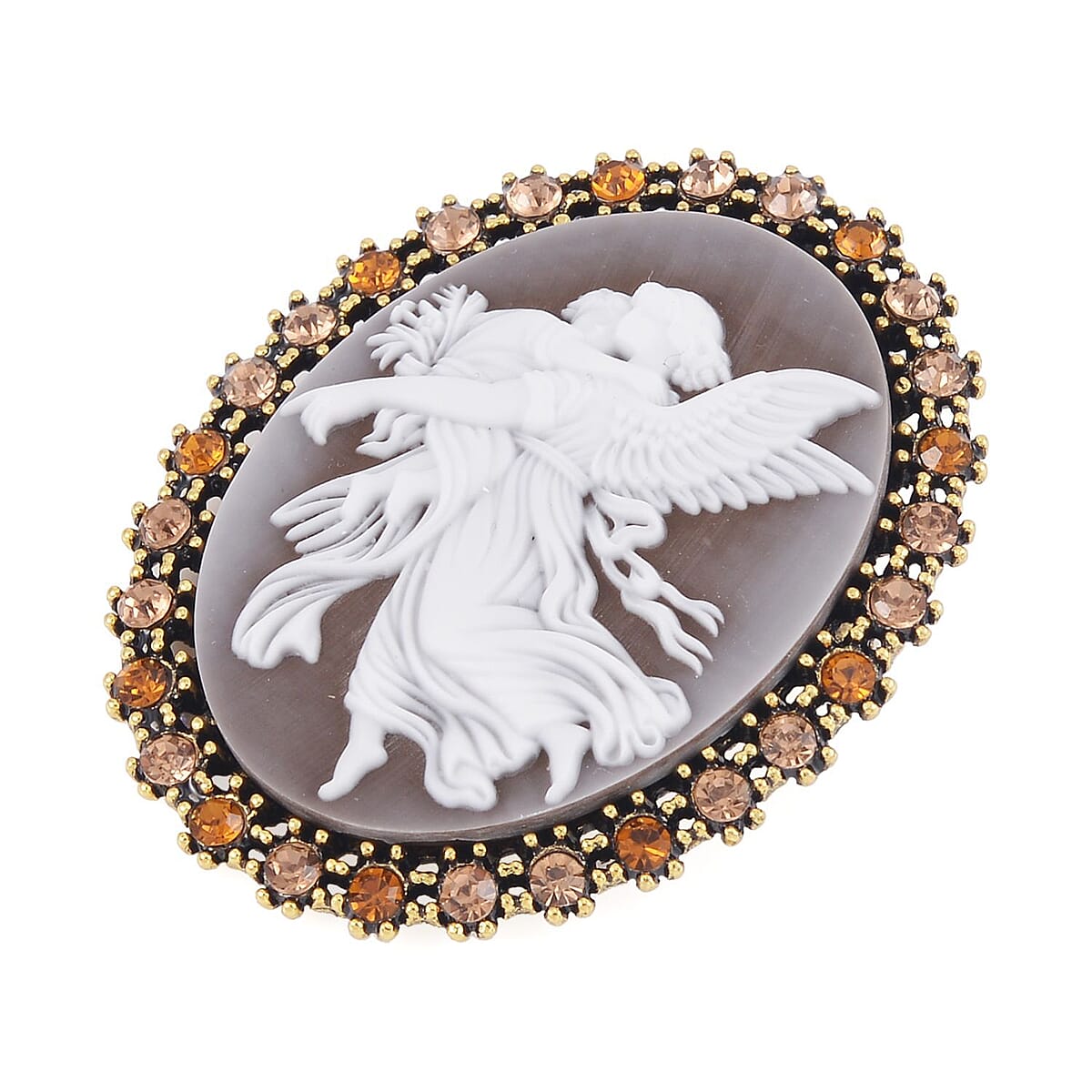 Brown Cameo, Champagne and Brown Austrian Crystal Brooch in Goldtone 8.00 ctw image number 2