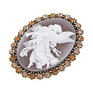 Brown Cameo, Champagne and Brown Austrian Crystal Brooch in Goldtone 8.00 ctw