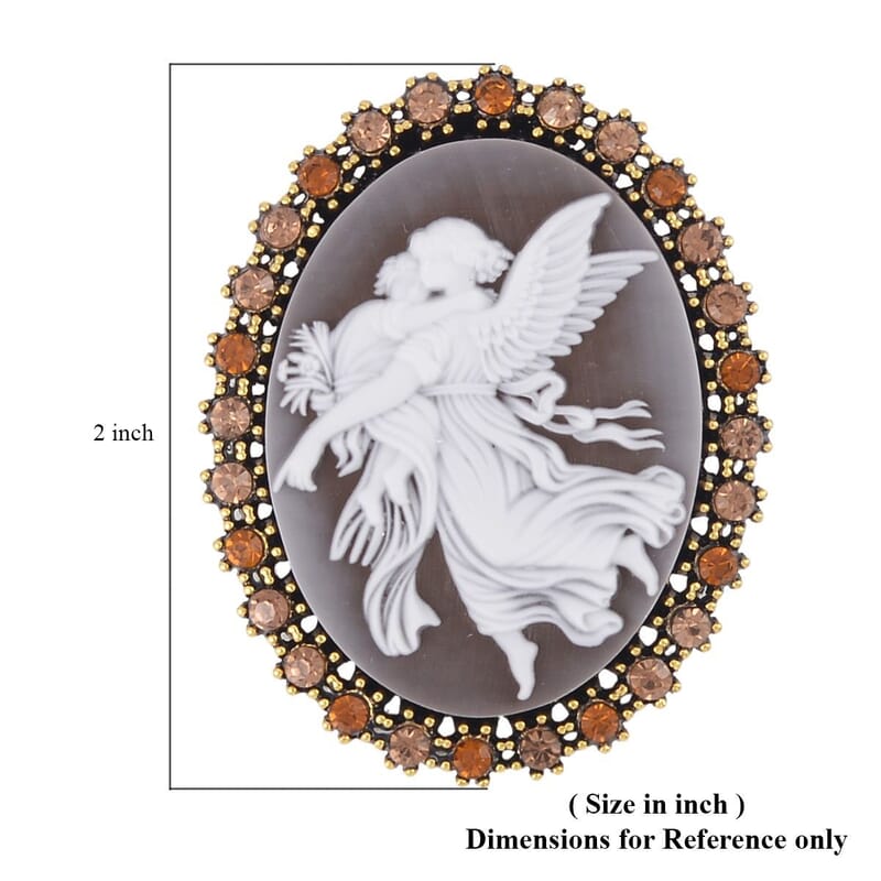 Brown Cameo, Champagne and Brown Austrian Crystal Brooch in Goldtone 8.00 ctw