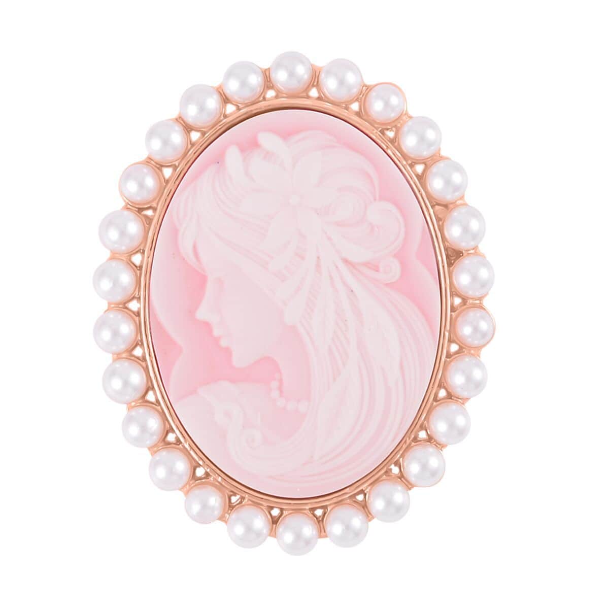 Pink Cameo and Simulated Pearl Brooch in Goldtone 8.00 ctw image number 0