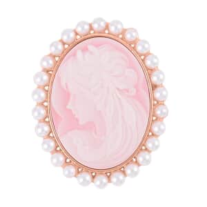 Pink Cameo and Simulated Pearl Brooch in Goldtone 8.00 ctw