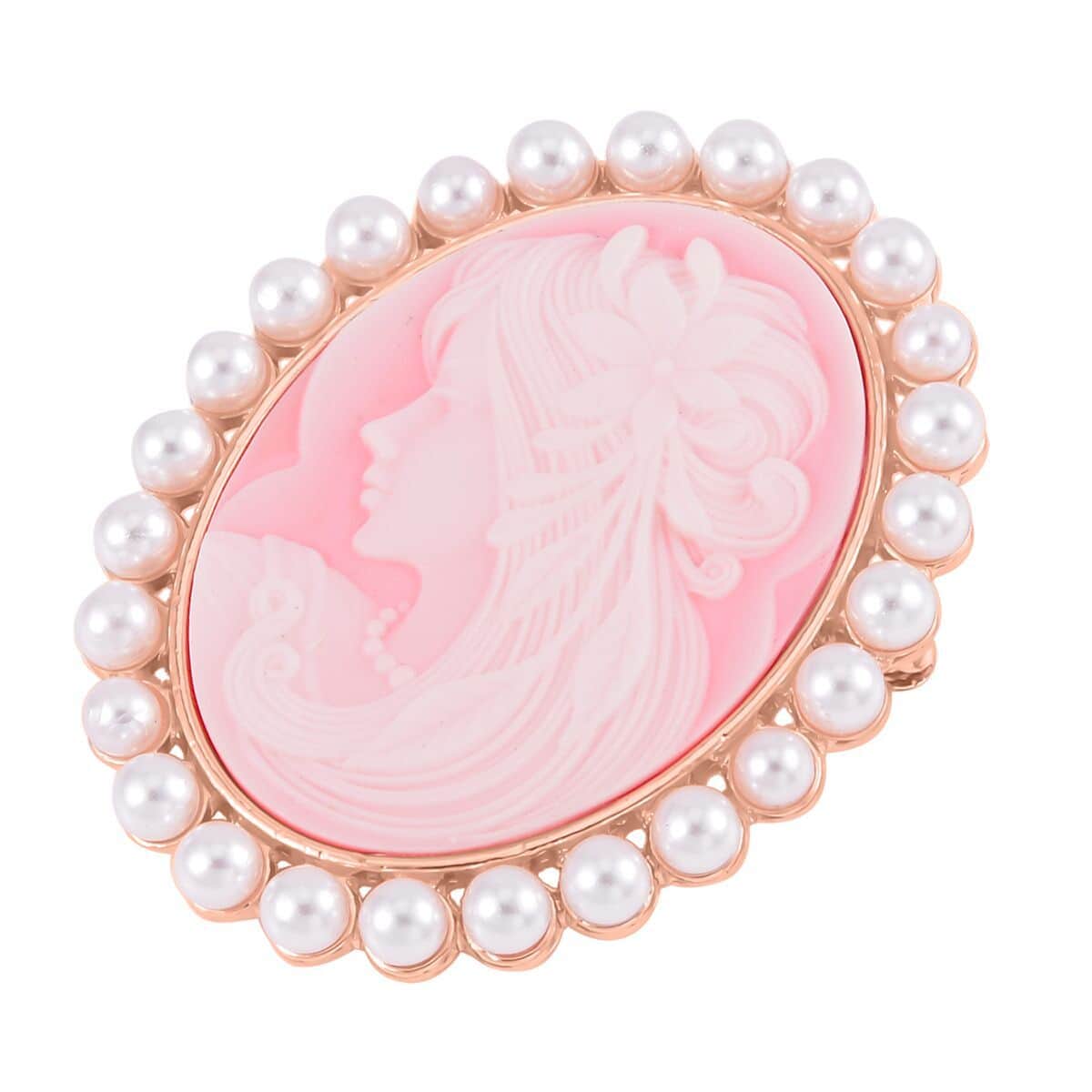 Pink Cameo and Simulated Pearl Brooch in Goldtone 8.00 ctw image number 2