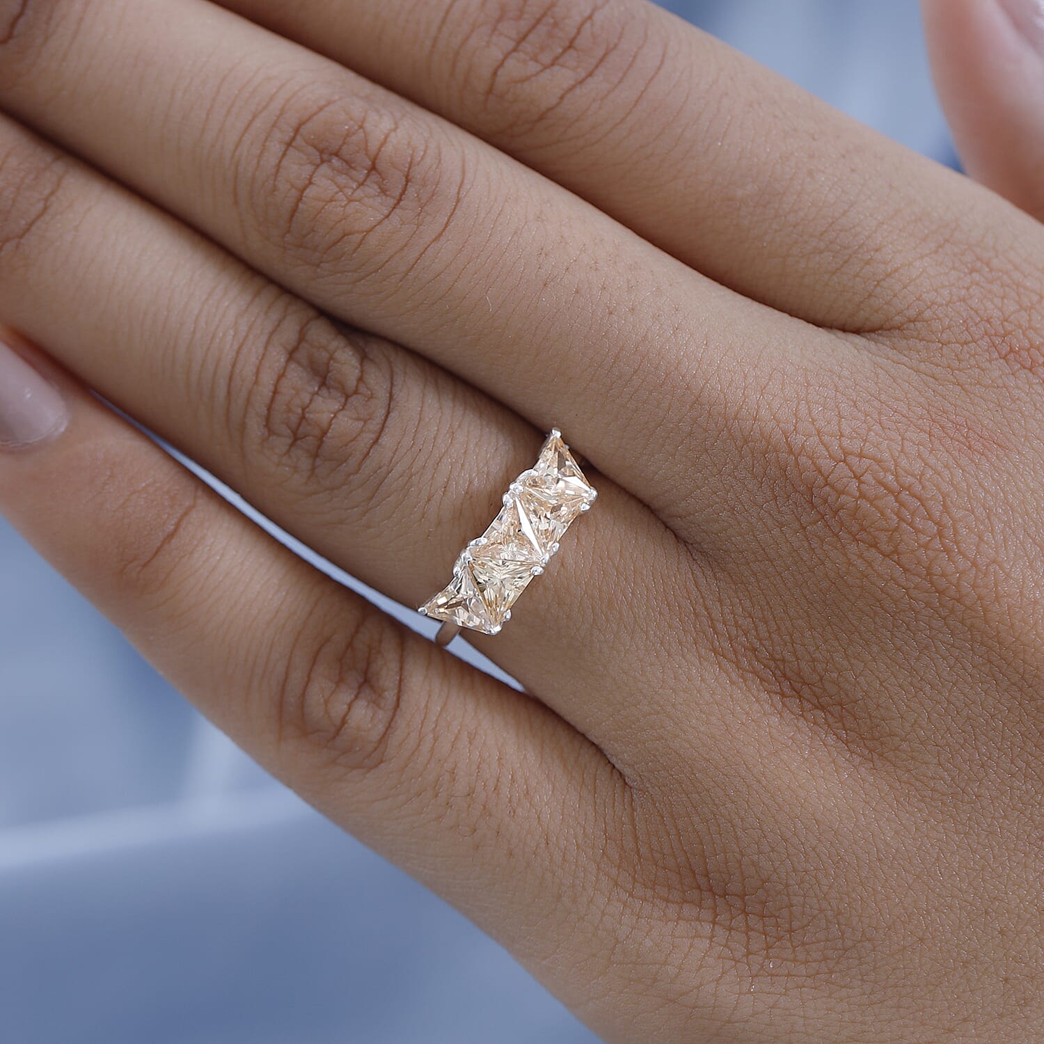 Simulated Champagne Diamond 5 Stone Ring in Sterling Silver (Size 10.0) 3.25 ctw