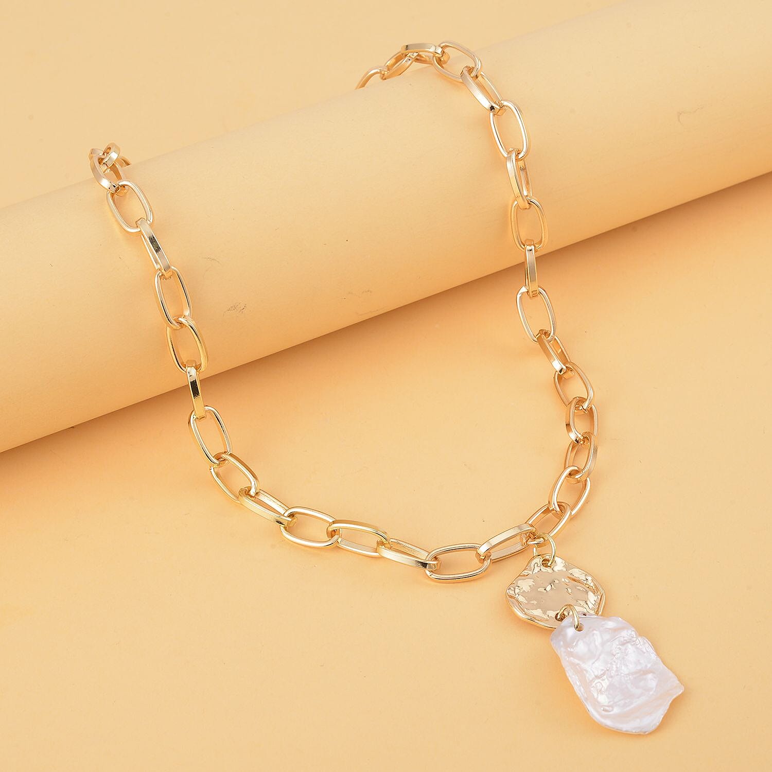 White Keshi Pearl Necklace 20-22 Inches in Goldtone