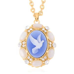 Blue Cameo and Multi Gemstone Pendant Necklace 20-22 Inches in Goldtone 9.50 ctw