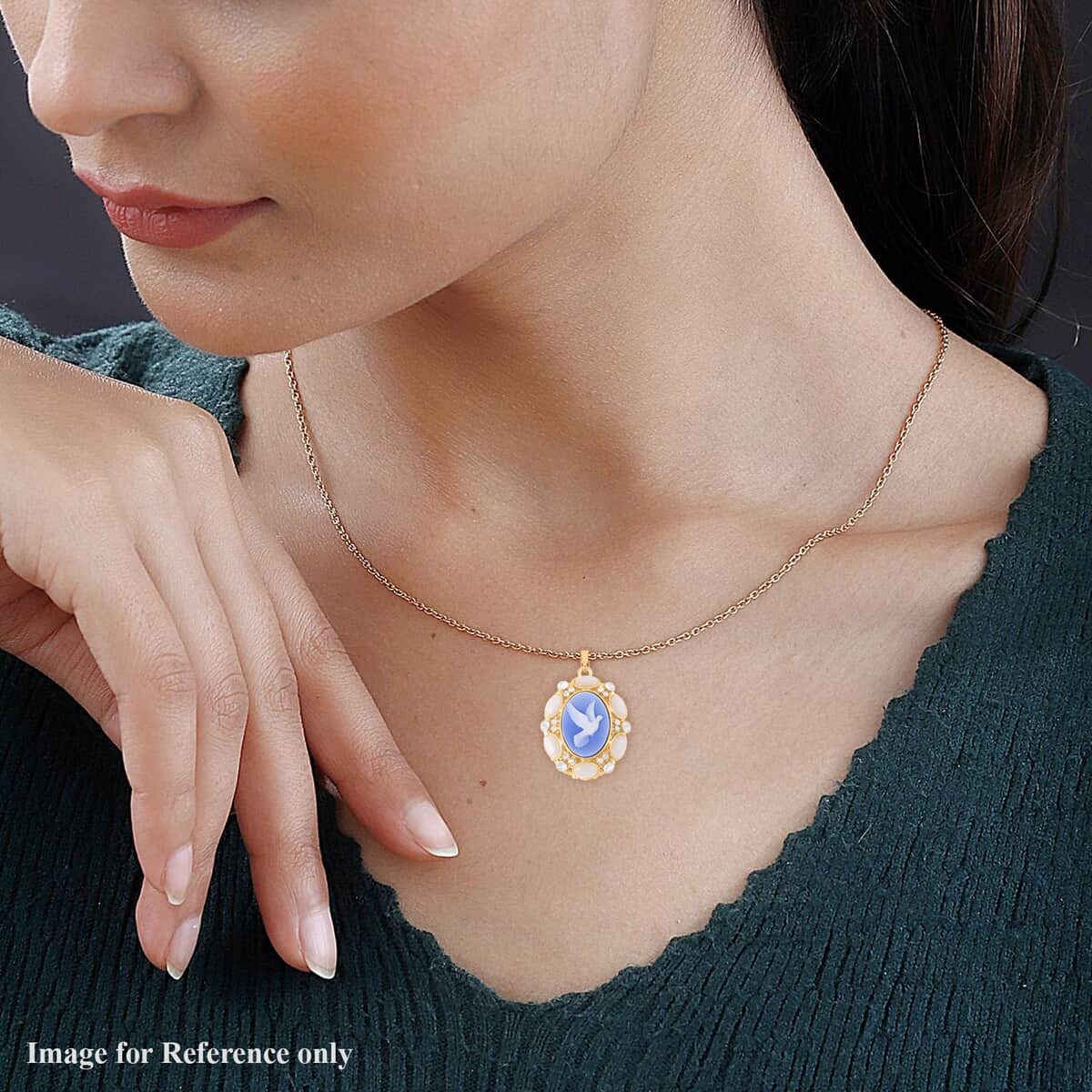 Blue Cameo and Multi Gemstone Pendant Necklace 20-22 Inches in Goldtone 9.50 ctw image number 2