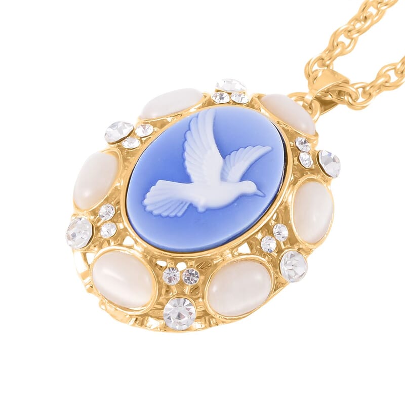 Blue Cameo and Multi Gemstone Pendant Necklace 20-22 Inches in Goldtone 9.50 ctw