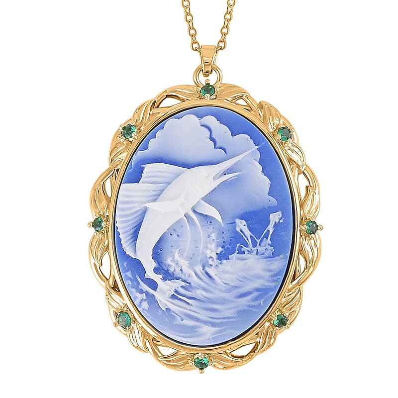 Cameo and Simulated Diamond Necklace 20-22 Inches in Goldtone 8.50 ctw
