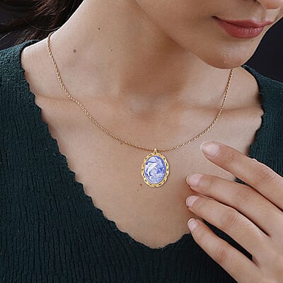 Cameo and Simulated Diamond Necklace 20-22 Inches in Goldtone 8.50 ctw