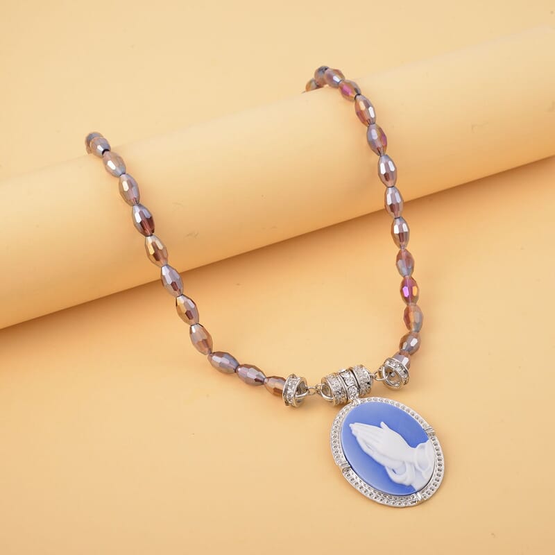 Blue Cameo and Multi Gemstone Necklace 20 Inches in Silvertone 8.00 ctw