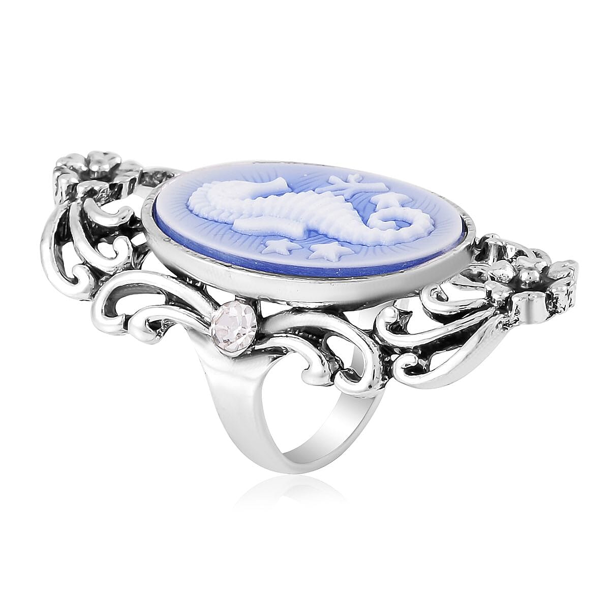 Blue Color Cameo and Austrian Crystal Seahorse Ring in Silvertone (Size 10.0) 4.00 ctw
