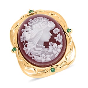 Red Color Cameo and Simulated Diamond Ring in Goldtone (Size 9.0) 3.20 ctw