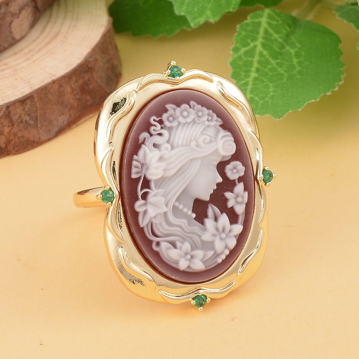 Red Color Cameo and Simulated Diamond Ring in Goldtone (Size 9.0) 3.20 ctw image number 1