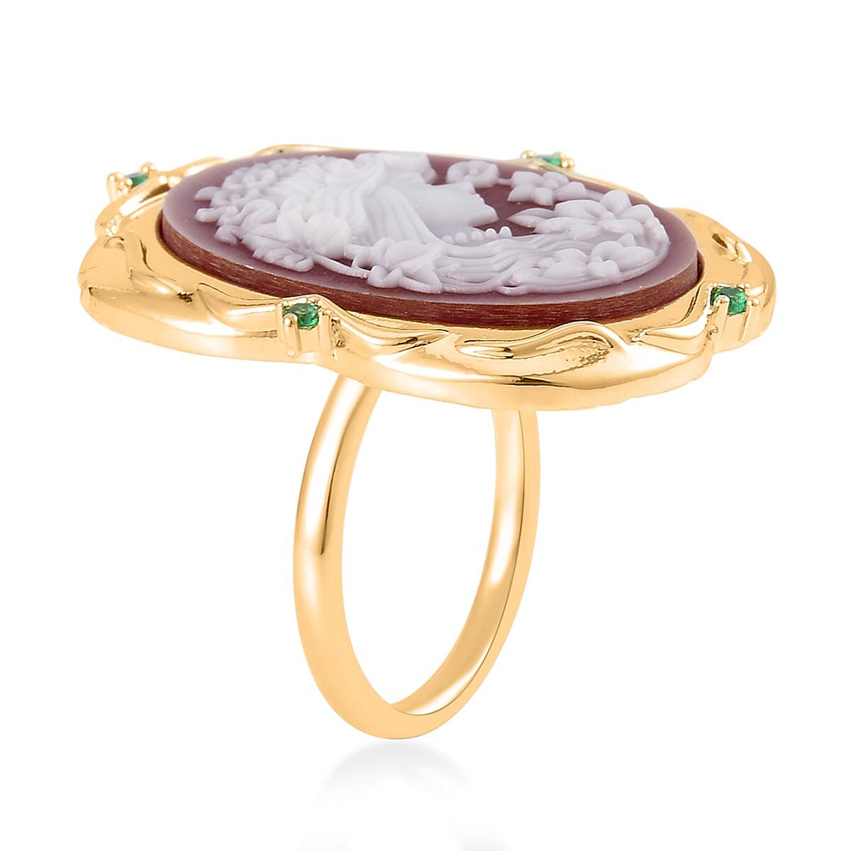 Red Color Cameo and Simulated Diamond Ring in Goldtone (Size 9.0) 3.20 ctw image number 3