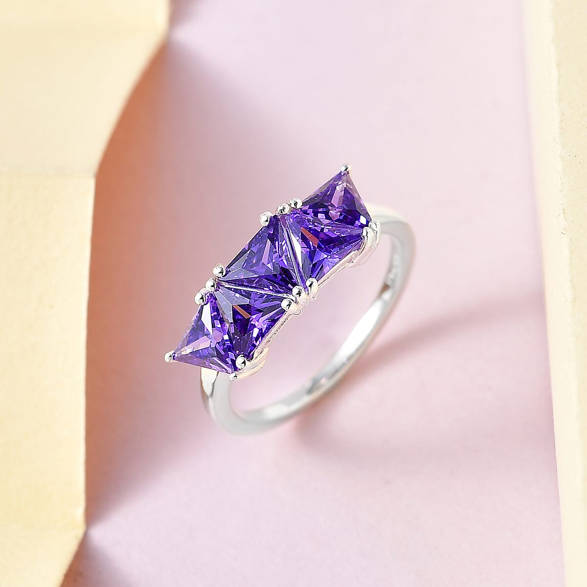 Simulated Purple Diamond 5 Stone Ring in Sterling Silver (Size 8.0) 3.10 ctw image number 1