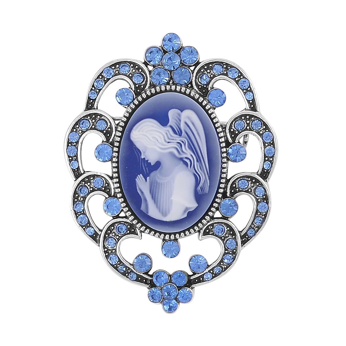 Cameo and Blue Austrian Crystal Brooch in Silvertone 6.00 ctw image number 0