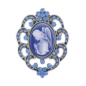 Cameo and Blue Austrian Crystal Brooch in Silvertone 6.00 ctw