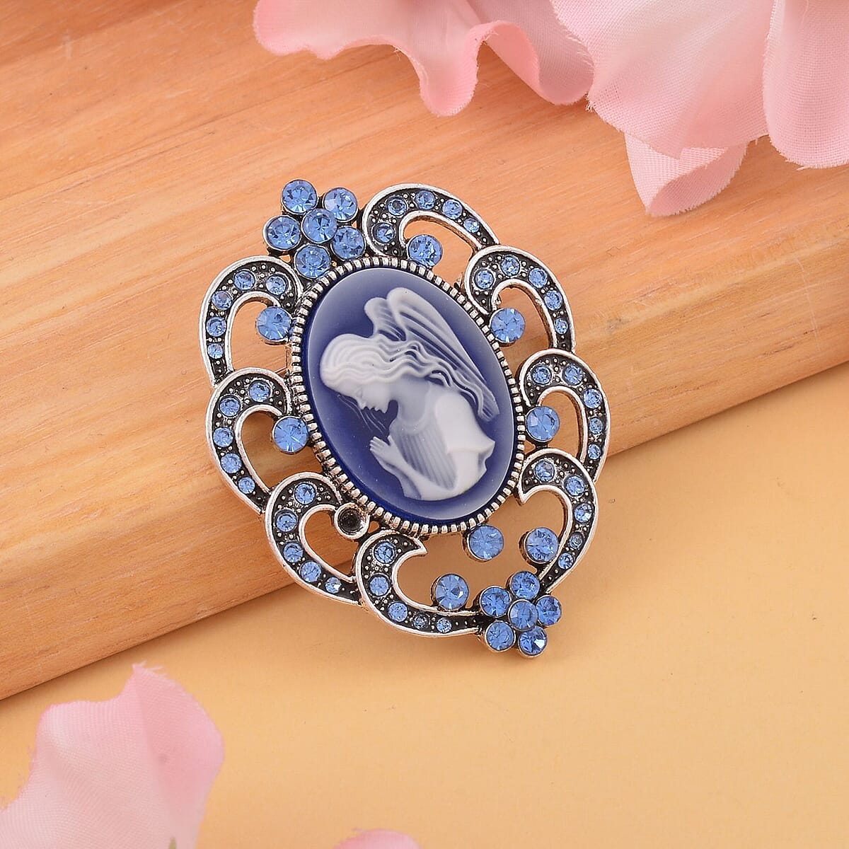 Cameo and Blue Austrian Crystal Brooch in Silvertone 6.00 ctw image number 1