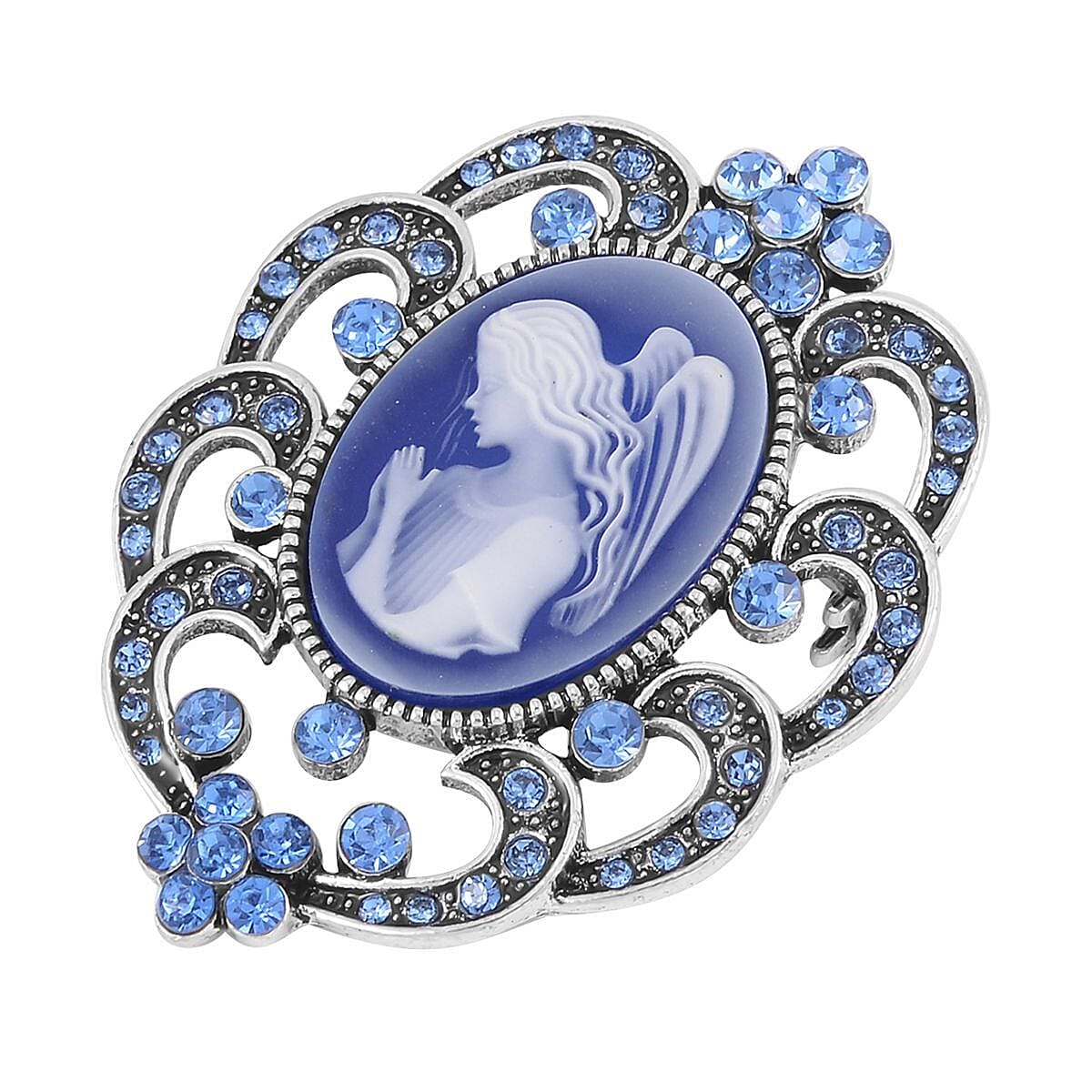 Cameo and Blue Austrian Crystal Brooch in Silvertone 6.00 ctw image number 2