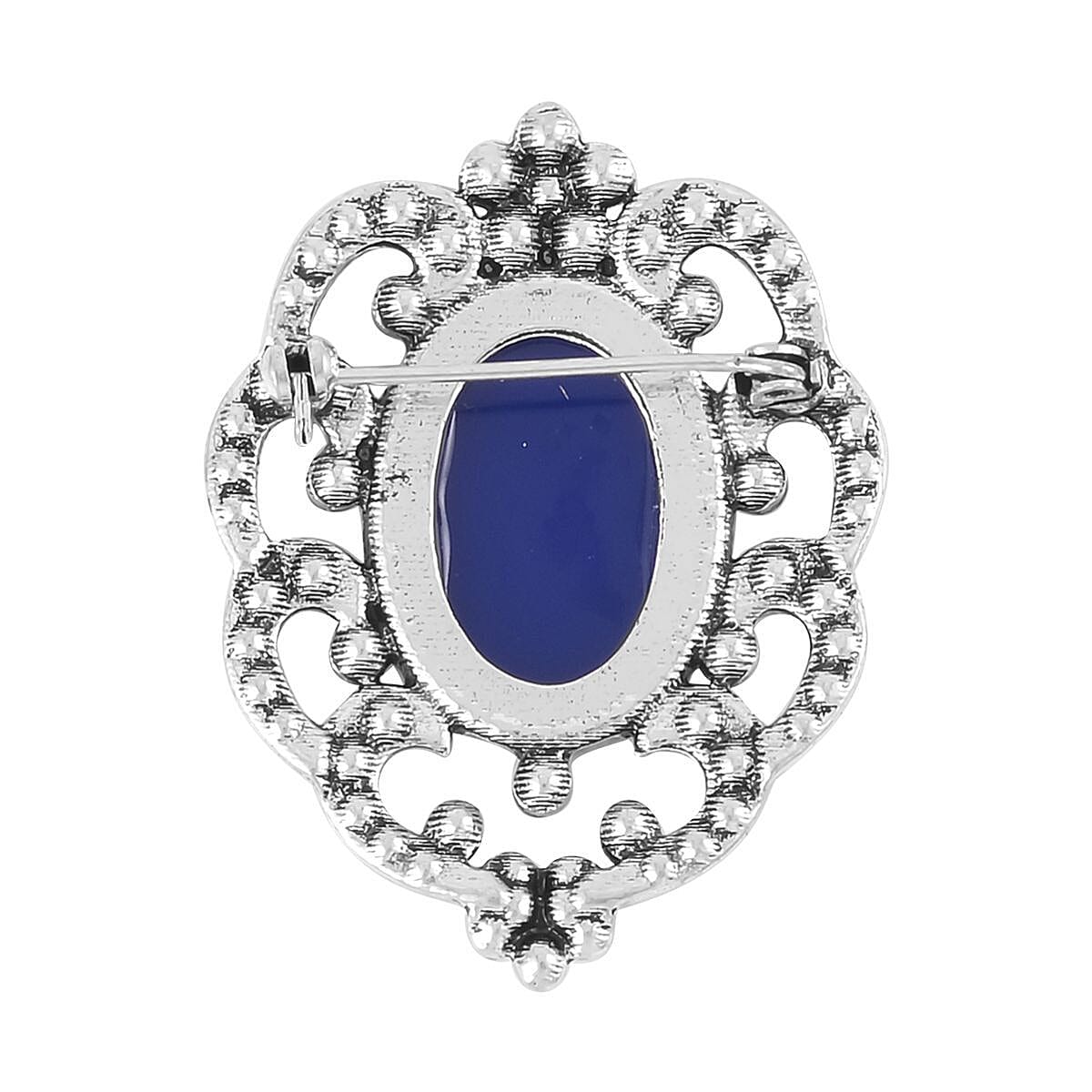 Cameo and Blue Austrian Crystal Brooch in Silvertone 6.00 ctw image number 3
