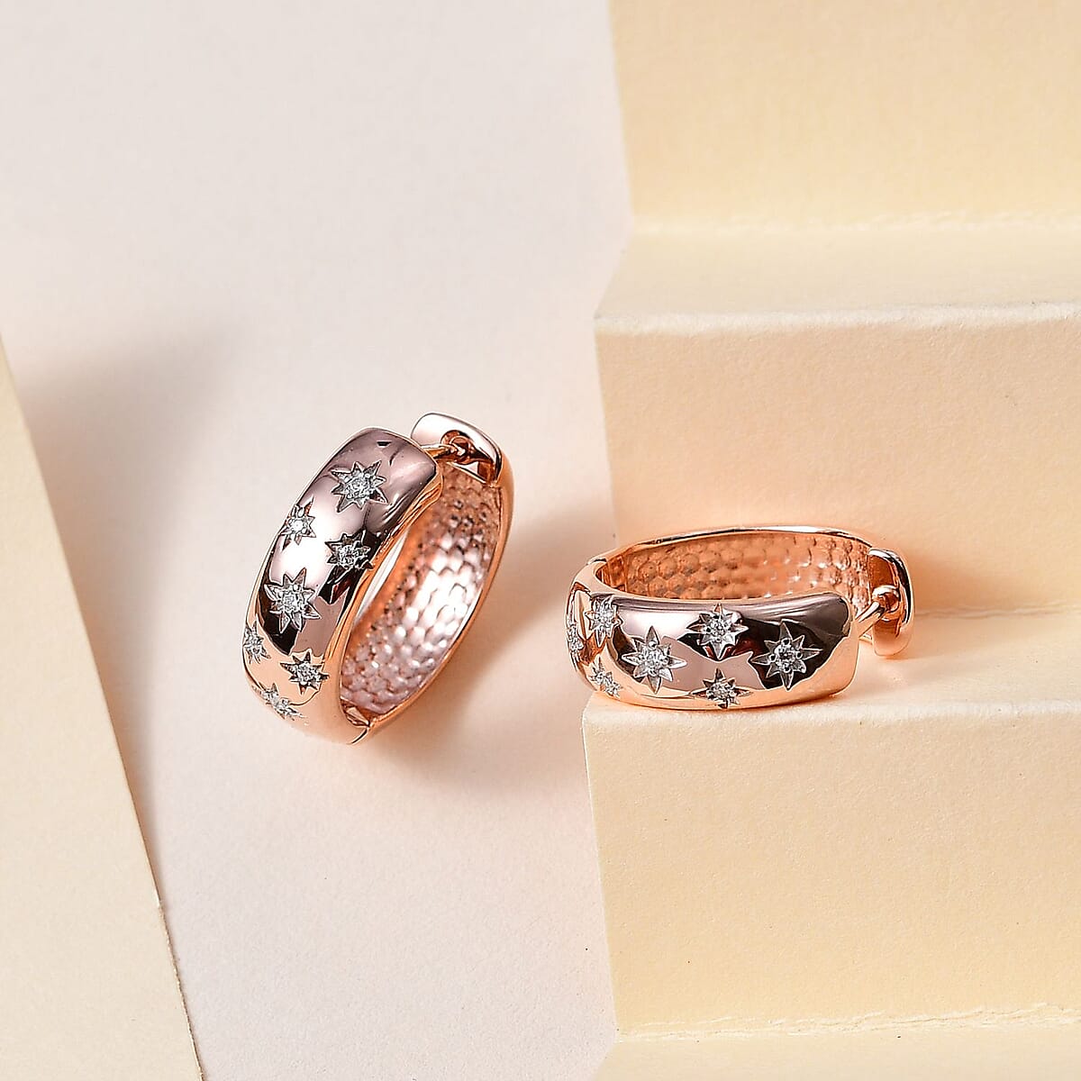 Moissanite Celestial Starburst Hoop Earrings in Vermeil Rose Gold Over Sterling Silver 0.10 ctw image number 1