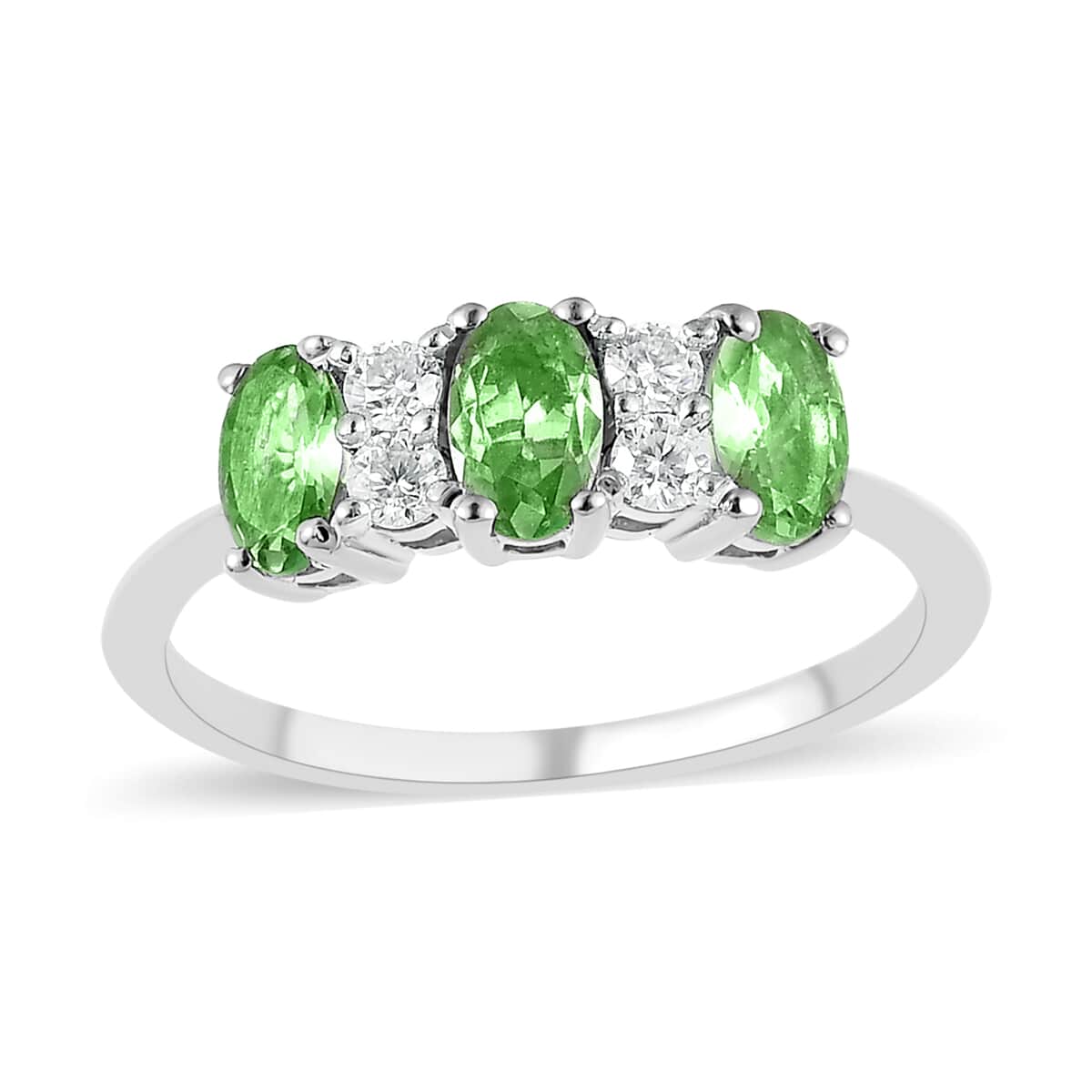 Premium Tsavorite Garnet and Moissanite 3 Stone Ring in Platinum Over Sterling Silver 0.90 ctw image number 0