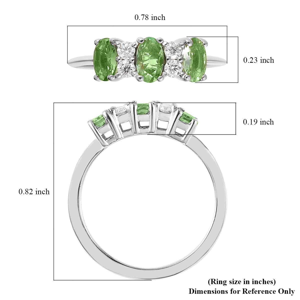 Premium Tsavorite Garnet and Moissanite 3 Stone Ring in Platinum Over Sterling Silver 0.90 ctw image number 2