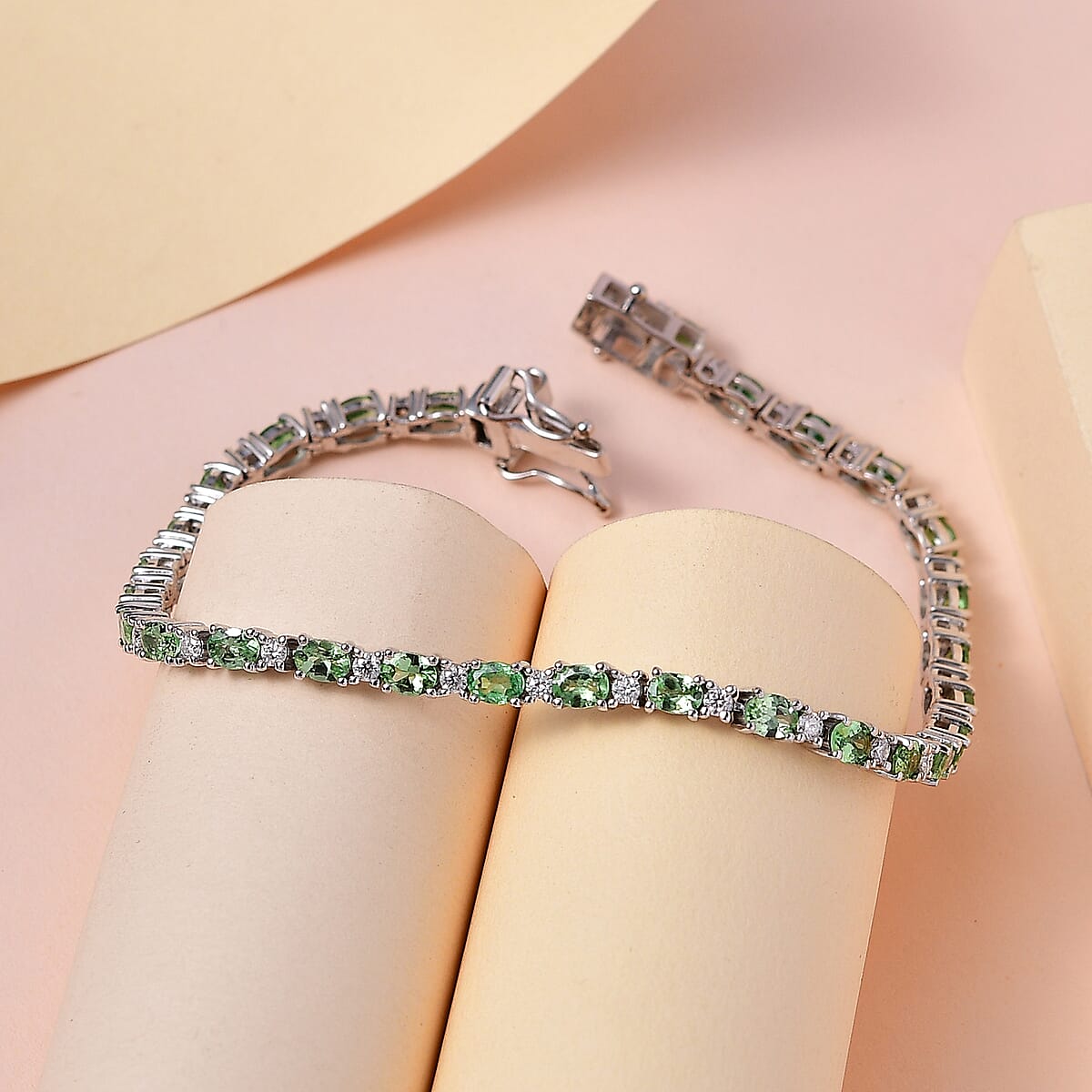Premium Tsavorite Garnet and Moissanite Tennis Bracelet in Platinum Over Sterling Silver (7.25 In) 5.50 ctw image number 1