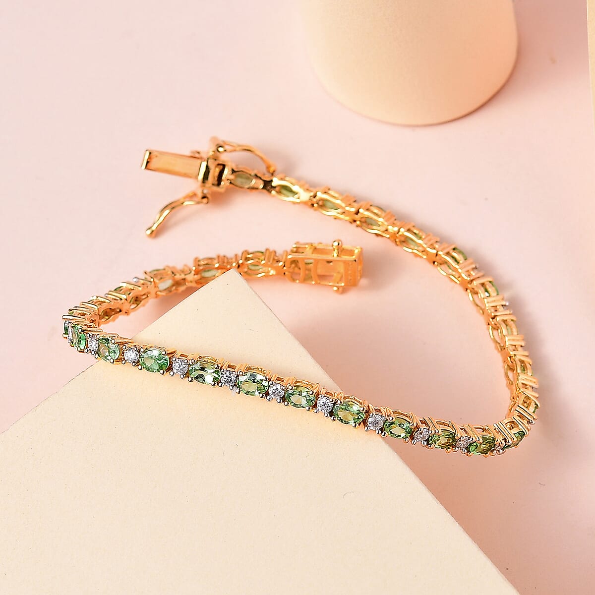 Premium Tsavorite Garnet and Moissanite Tennis Bracelet in Vermeil Yellow Gold Over Sterling Silver (7.25 In) 5.50 ctw image number 1