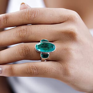 Emeraldine Quartz (Triplet) 11.60 ctw Ring in Platinum Over Sterling Silver (Size 6.5)