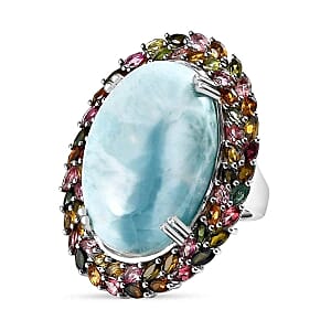 Larimar and Multi-Tourmaline 44.50 ctw Ring in Platinum Over Sterling Silver (Size 11.5) (12.54 g)