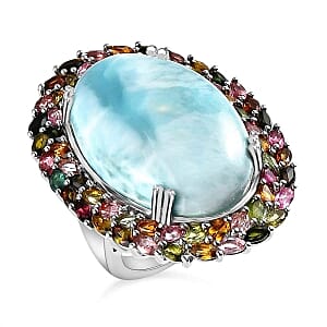 Larimar and Multi-Tourmaline 44.50 ctw Ring in Platinum Over Sterling Silver (Size 11.5) (12.54 g)