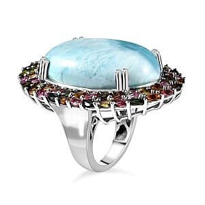 Larimar and Multi-Tourmaline 44.50 ctw Ring in Platinum Over Sterling Silver (Size 11.5) (12.54 g)