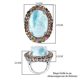 Larimar and Multi-Tourmaline 44.50 ctw Ring in Platinum Over Sterling Silver (Size 11.5) (12.54 g)