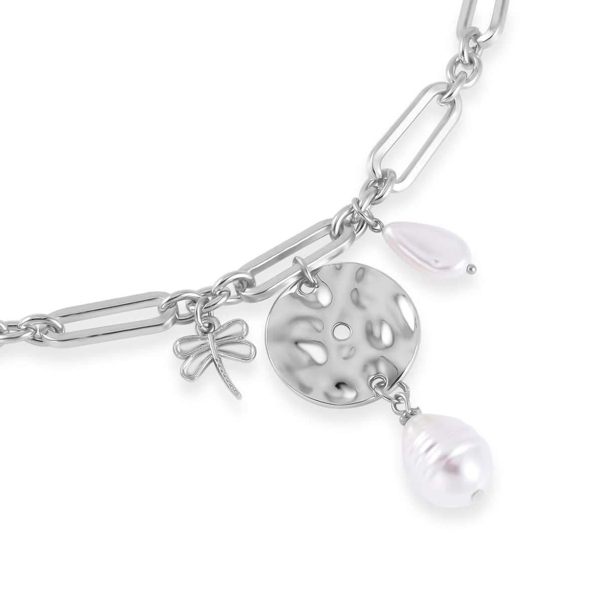 Simulated Pearl Paper Clip Chain Dragonfly Necklace 20-22 Inches in Silvertone image number 2