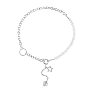 White Pearl Glass Beaded Necklace with Heart Charm 20-22 Inches in Silvertone