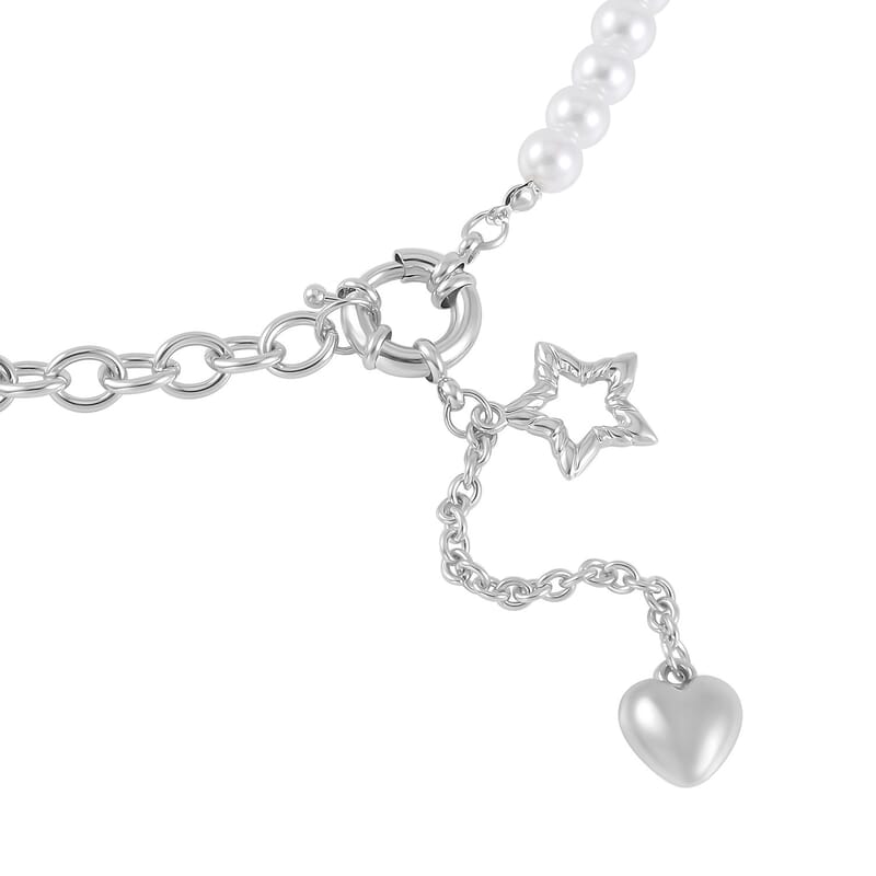 White Pearl Glass Beaded Necklace with Heart Charm 20-22 Inches in Silvertone