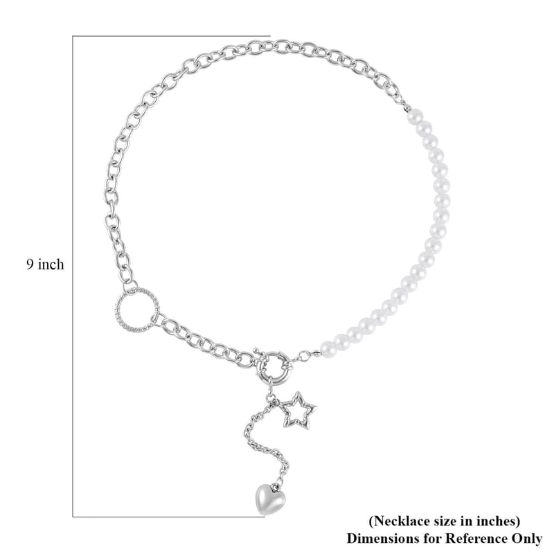 White Pearl Glass Beaded Necklace with Heart Charm 20-22 Inches in Silvertone