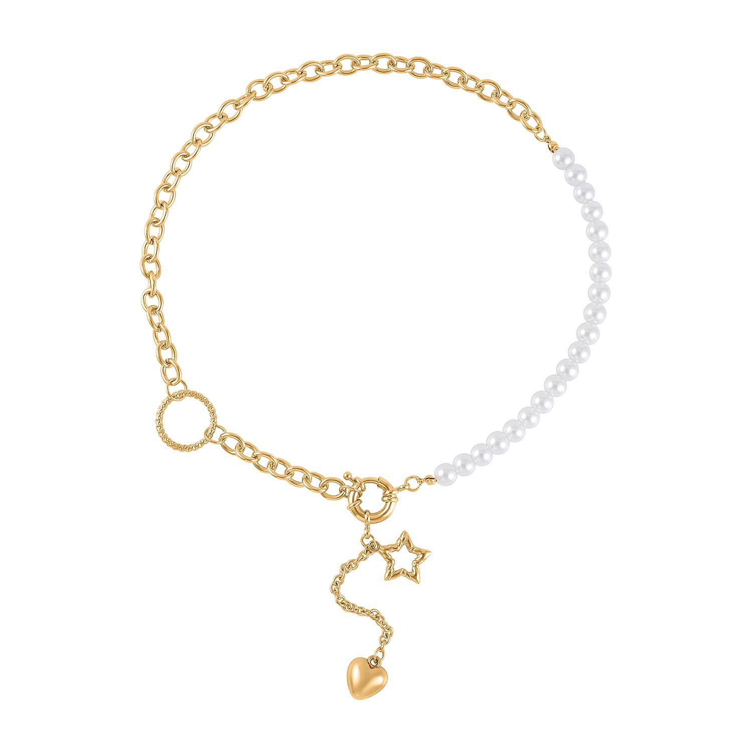 White Pearl Glass Beaded Necklace with Heart Charm 20-22 Inches in Goldtone