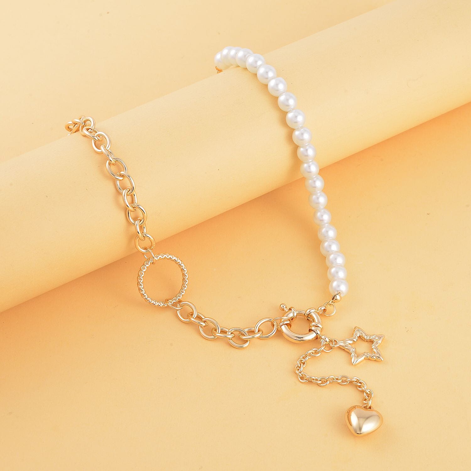 White Pearl Glass Beaded Necklace with Heart Charm 20-22 Inches in Goldtone