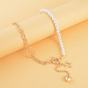 White Pearl Glass Beaded Necklace with Heart Charm 20-22 Inches in Goldtone